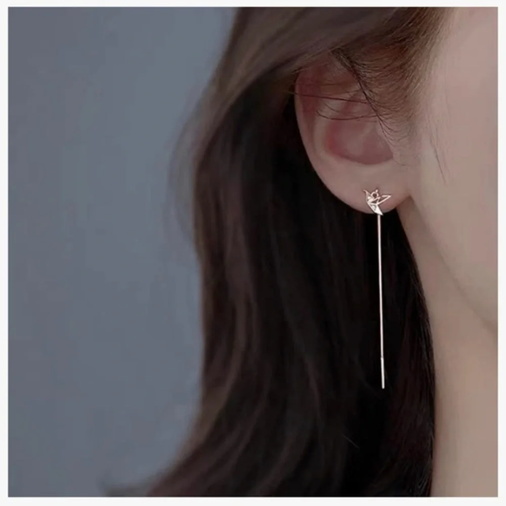 Origami Crane Bird Rose Gold Threader Earrings Delicate Long Chain Tassel - Picture 7 of 10